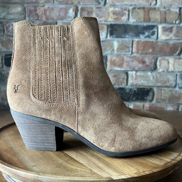 Frye Sandra Chelsea Block Heel Western Boots Cognac Suede Leather Women's 9 - Picture 2 of 16